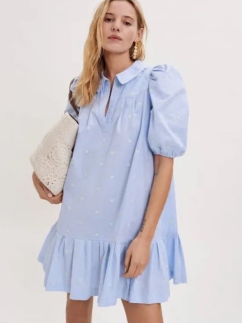 Maje Heart Embroidered Puff Sleeve Shirt Dress